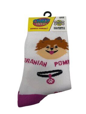 Pomeranian Dog Crew Socks Womens 5-10 Cute Puppy White Pink
